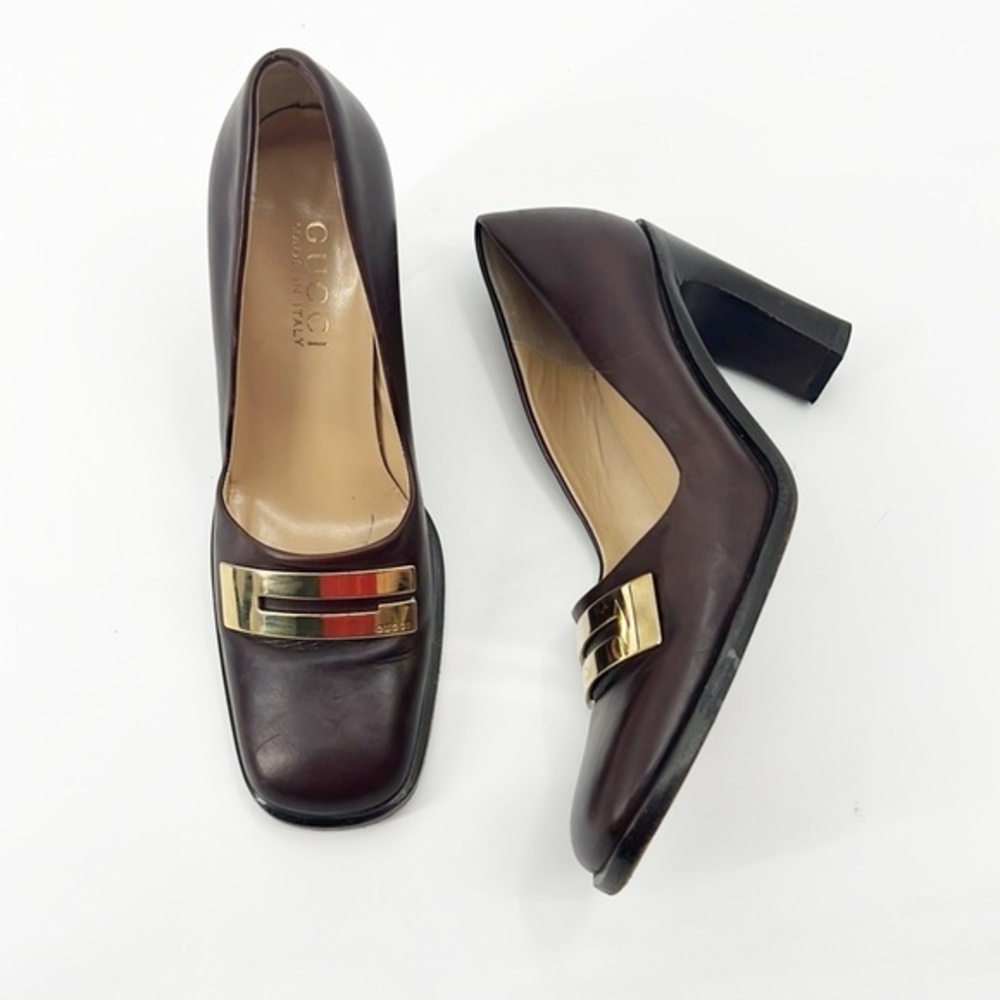 Gucci Square Toe Gold Logo Heels Size 4.5 Y2K